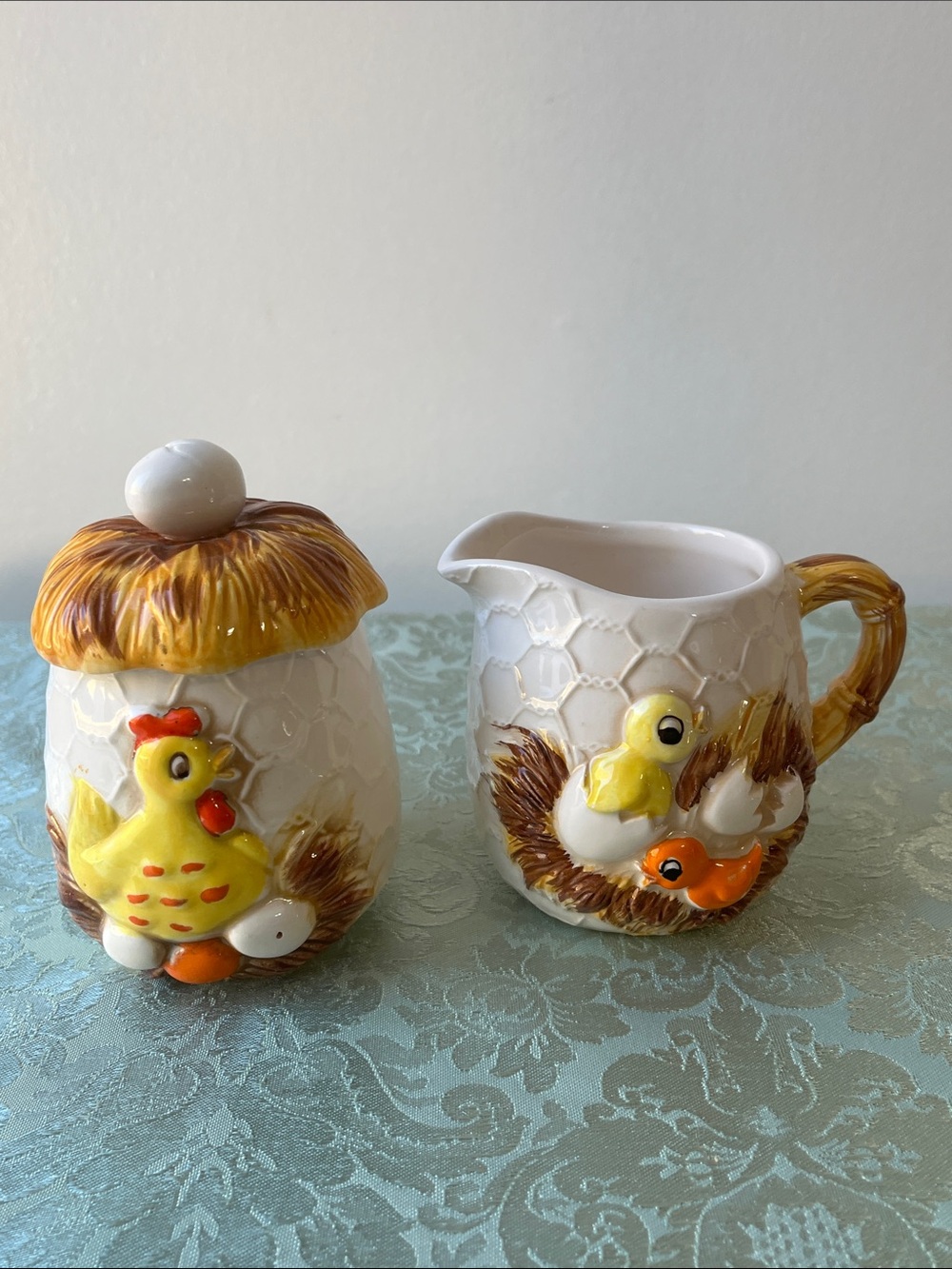Retro 70s Chicken Little Cream and Sugar Set Hatching Chicks Farmhouse Japan
